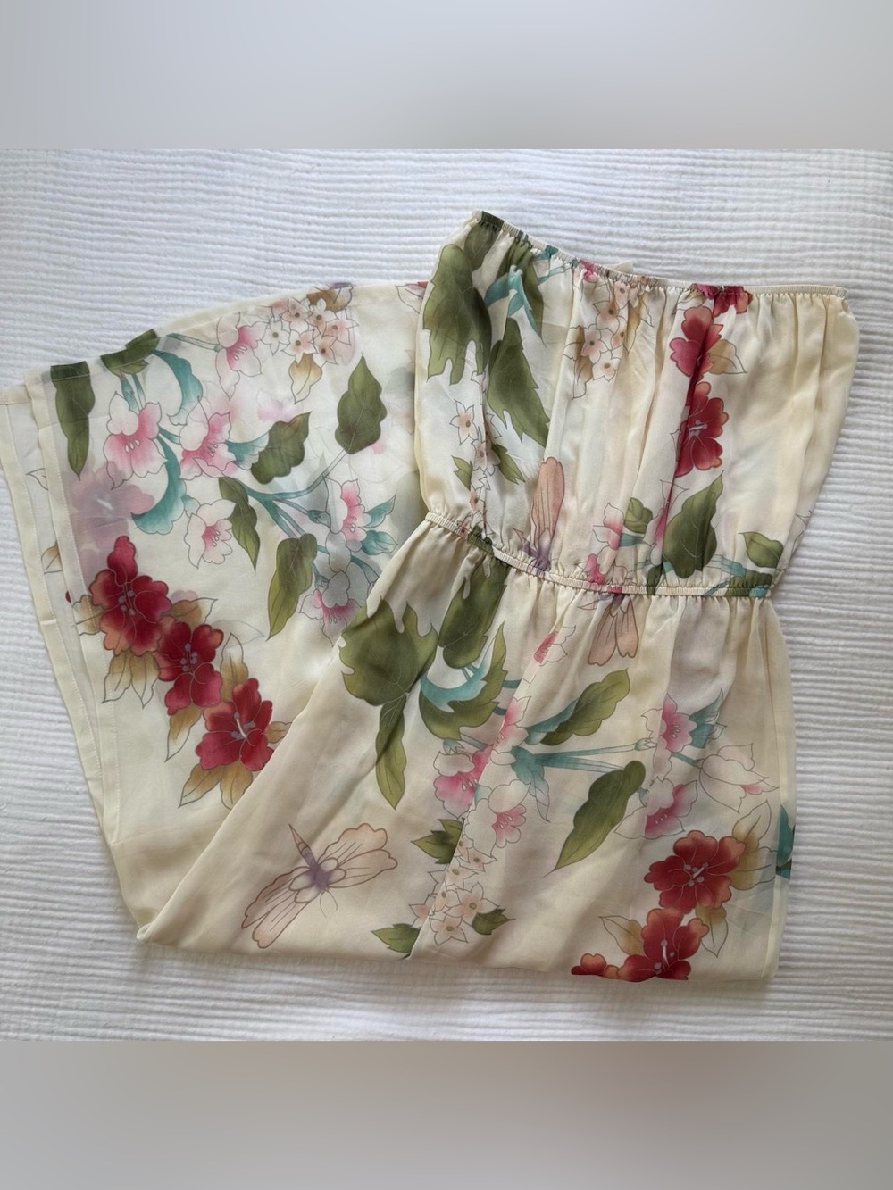 Kite and Butterfly 100% Silk Floral Dragonfly Strapless Maxi Dress XS Boho